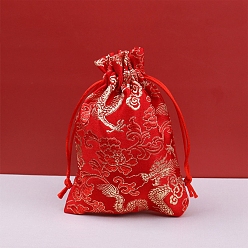 Red Dragon Print Cloth Pouches, Drawstring Bag for Jewelry Storage, Rectangle, Red, 14x10cm