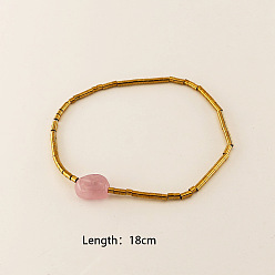 Аметист 304 Эластичные браслеты из нержавеющей стали и бусин из натурального аметиста для женщин, реальный 18 k позолоченный, 7.09 дюйм (18 см)