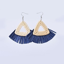 Bleu Foncé Boucles d'oreilles faites à la main de canne / rotin, avec bordure en papier et franges et 304 crochets en acier inoxydable, bleu foncé, 81~88mm, pin: 0.6 mm