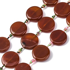 Седло Коричневый Нити из натурального полосатого агата/полосчатого агата в форме монеты, окрашенная и подогревом, плоско-круглые, седло коричневый, 22~27x5.5~7 мм, отверстие : 2 мм, около 12~14 шт / нитка, 41~46 см