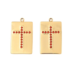 Hyacinth 304 Stainless Steel Rhinestone Pendants, Rectangle with Cross Pattern Charms, Ion Plating(IP), Real 18K Gold Plated, Hyacinth, 22x13x1.5mm, Hole: 1.5mm