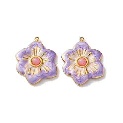 Лиловый Крашеные натуральный белый нефрит подвески, 304 подвески-цветы из нержавеющей стали с эмалью, реальный 18 k позолоченный, вакуумное покрытие pvd, сирень, 26x21.5x3.5 мм, отверстие : 1.4 мм