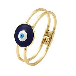 Prussian Blue Rack Plating Brass Enamel Evil Eye Hollow Bangles for Women, Golden, Long-Lasting Plated, Lead Free & Cadmium Free, Prussian Blue, Inner Diameter: 2-1/2x1-3/4 inch(6.2x4.4cm)