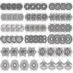 Mixed Shapes 64Pcs 16 Styles Tibetan Style Alloy Multi-Strand Links, 4-Hole, Antique Silver, Mixed Shapes, 27.5~36x25.5~34.5x3~7.5mm, Hole: 1.2~3.5mm, 4pcs/style