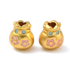 Бледно-Розовый Эмали сплава Европейский бисером, мешок для денег с цветочным узором, матовый золотой цвет, бусины с большим отверстием, розовый жемчуг, 13x12x10 мм, Отверстие : 1.5 мм & 4 мм