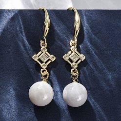 Настоящее золото 18K Серьги-подвески из латуни с прозрачным кубическим цирконием и прозрачным паве, с ABS имитации жемчуга, стойки покрытие, долговечный, без свинца и без кадмия, ромб, реальный 18 k позолоченный, 43x10 мм