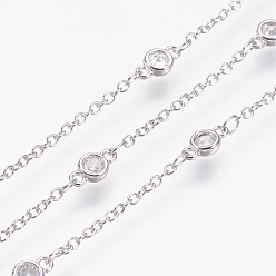 Real Platinum Plated Handmade Brass Cubic Zirconia Chains, Soldered, Long-Lasting Plated, Real Platinum Plated, 8x4x2mm