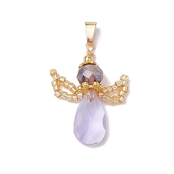 лаванда Стеклянные подвески, ангельские прелести, с латунной бусиной и стеклянным бисером, граненые, лаванда, 31~32x23.5~27x8 мм, отверстие : 6x3 мм