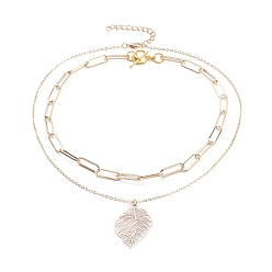 Golden Pendant & Chain Necklaces Sets, with Brass Cable Chains & Links, Iron Paperclip Chains & Chain Extender, Alloy Lobster Claw Clasps & Toggle Clasps, Leaf, Golden, Chain Necklaces: 15.98 inch(40.6cm), Pendant Necklaces: 18.11 inch(46cm)