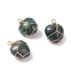 Moss Agate Natural Moss Agate Pendants, with Real 18K Gold Plated Eco-Friendly Copper Wire, Heart, 25x20x14~15mm, Hole: 2~2.2mm