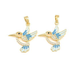 Blue Brass Micro Pave Clear Cubic Zirconia Pendants, with Enamel, Hummingbird Charms, Real 18K Gold Plated, Blue, 22x20.5x2mm, Hole: 5x3mm