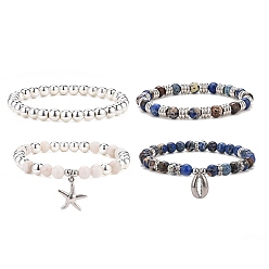 Stainless Steel Color 4Pcs 4 Style Natural White Crazy Agate & Imperial Jasper(Dyed) Beaded Stretch Bracelets Set, 304 Stainless Steel Shell & Starfish Charms Stackable Bracelets for Women, Stainless Steel, Inner Diameter: 2-1/8 inch(5.5cm), 1Pc/style