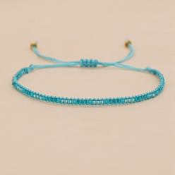 Turquoise Bohemian Style Seed Braided Bead Bracelet, Adjustable Bracelet, Turquoise, 11 inch(28cm)