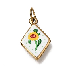 Jaune Pendentifs en acier inoxydable imprimés recto verso, losange orné de breloques tournesol, réel 304 k plaqué or, jaune, 18mm, Trou: 17.5x11.5x2.5mm