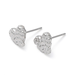 Real Platinum Plated Brass Stud Earrings, Textured Heart, Real Platinum Plated, 7.5x8mm