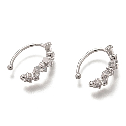 Platinum Brass Cuff Earrings, with Clear Cubic Zirconia Long-Lasting Plated, Rectangle, Platinum, 15x4.5x2.5mm