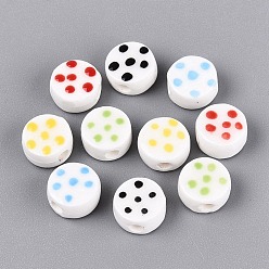 Mixed Color Handmade Porcelain Beads, Hand Painted, Famille Rose Porcelain, Flat Round with Polka Dot, Mixed Color, 8.5x4.5mm, Hole: 1.8~2mm