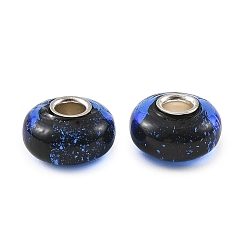 Black Lampwork & Brass Core European Beads, Large Hole Beads, Rondelle, Black, 15x7.5mm, Hole: 4mm