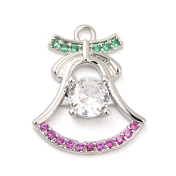 Platinum Rack Plating Brass Pave Cubic Zirconia Pendants, Long-Lasting Plated, Cadmium Free & Lead Free, Christmas Bell, Platinum, 16.5x14x3.5mm, Hole: 1.2mm