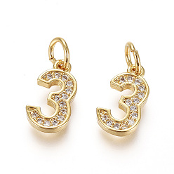 Number Латунные микропаве прозрачные кубические циркониевые подвески, с целью перехода в кольце, число, реальный 18 k позолоченный, кол. 3, 12x7x2 мм, отверстие : 3 мм