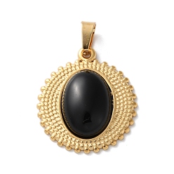 Black Onyx Подвески из натурального черного оникса (окрашенные и нагретые), 304 из нержавеющей стали плоские круглые прелести, ионное покрытие (ip), золотые, 23x20x5~5.5 мм, отверстие : 4.5x3 мм