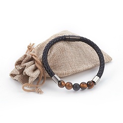 Тигровый глаз Мужские браслеты из натурального тигрового глаза, с кожаным шнуром, 304 поиск нержавеющей стали, 8-1/2 дюйм (21.5 см), 6 мм