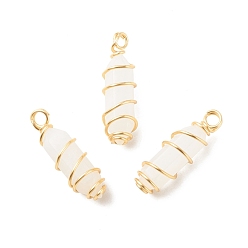 White Jade Natural White Jade Double Terminal Pointed Pendants, with Golden Tone Copper Wire Wrapped, Bullet, 26~26.5x8mm, Hole: 2.5~2.8mm