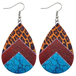 Deep Sky Blue Imitation Leather Teardrop with Leopard Print Dangle Earrings, Bohemia StyleEarrings for Women, Deep Sky Blue, 78x38mm