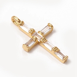 Золотой Латунные микропаве прозрачные подвески с фианитом, долговечный, крестик, золотые, 24x12.5x3 мм, отверстие : 3x2 мм