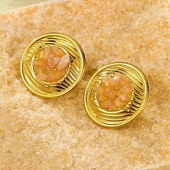 Розовый Кварц 304 серьги-гвоздики из нержавеющей стали с натуральным розовым кварцем, реальный 18 k позолоченный, плоско-круглые, 30.5 мм