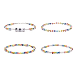 Mixed Color 4Pcs 4 Style Word Fun Acrylic & Glass Seed Beaded Stretch Bracelets Set for Women, Mixed Color, Inner Diameter: 2-1/8 inch(5.25~5.5cm), 1Pc/style