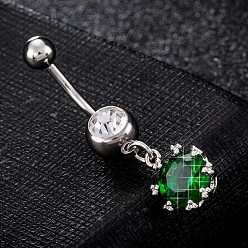 Dunkelgrün Piercing-Schmuck, umweltfreundlicher kubischer Zirkiona-Nabelring aus Messing, Bauchringe, mit chirurgischem Edelstahlstab, Blume mit Träne, dunkelgrün, 38x11 mm, Stange: 15 Spurweite(1.5mm), Stangenlänge: 3/8"(10mm)