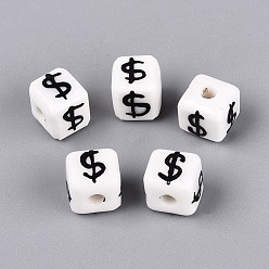 Negro Cuentas de porcelana hechas a mano, pintado a mano, famille porcelana rosa, cubo y símbolo de dólar, negro, 8~9x8~9x8~9 mm, agujero: 2~2.8 mm