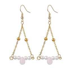 Pink Triangle Iron Chain and Glass Dangle Earrings, Golden, Pink, 65x29mm