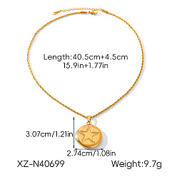 Flat Round 304 Stainless Steel Embossed Photo Locket Pendant Necklaces, Real 18K Gold Plated, Flat Round with Star, 15.94 inch(40.5cm), Pendant: 30.7x27.4mm