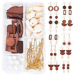 Golden DIY Dangle Earring Making Kits, Including Cowrie Shell Beads, Wood Beads & Pendants, Glass Pearl Beads, Brass Linking Rings & Earring Hooks, Iron Findings, Golden, 164pcs/box