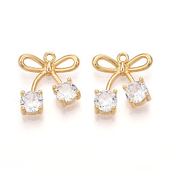 Настоящее золото 18K Латунные микро проложить кубического циркония подвески, бантом прелести, реальный 18 k позолоченный, 18x16.5x4 мм, отверстие : 1.5 мм