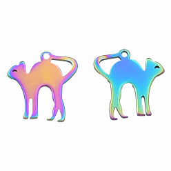 Rainbow Color Ion Plating(IP) 201 Stainless Steel Charms, Halloween Style, Cat, Rainbow Color, 14.5x14.5x1mm, Hole: 1mm