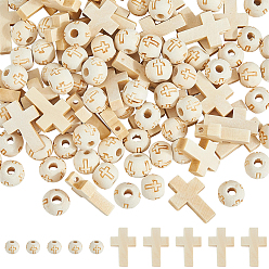 Blanched Almond DIY Jewelry Making Findings Kits, Including Wood Pendants & Beads, Round & Cross, Blanched Almond, 10~22x10~15x4~8mm, Hole: 1.8~2mm, 200pcs/set