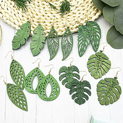 Dark Sea Green Wood Dangle Earrings for Women, Leaf, Dark Sea Green, 89~100x26~50mm, 7pairs/set