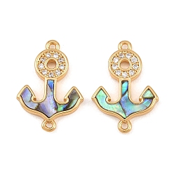 Настоящее золото 18K Подвески-соединители из натуральной ракушки пауа, с латунными микропаве прозрачных кубических цирконий, реальный 18 k позолоченный, 19x13x2 мм, отверстие : 1 мм