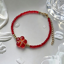 Roja Pulseras bohemias hechas a mano con flores de vidrio soplado y cuentas facetadas en forma de rondel con cadenas terminales de acero inoxidable para mujer., dorado, rojo, 201 pulgada (6.69 cm)