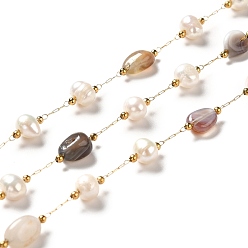 (946FM) Цитрин матовый с зеленой подкладкой Цепочки из бисера из натурального жемчуга и ботсванского агата, фурнитура из нержавеющей стали , долговечный, пайки, золотые, 5~9.5x4~8x2~5 мм, 4~6x5.5~8 мм