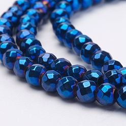 со Синим Покрытием Электролитические магнитные синтетические гематитовые нити, круглые, класс А, граненые, с покрытием синим, 4 мм, отверстие : 1 мм, около 108 шт / нитка, 15.55 дюйм