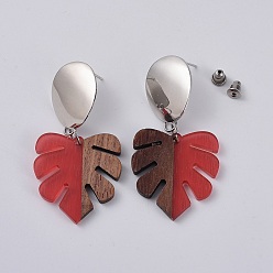 Red Ear Studs, with 304 Stainless Steel Findings, Brass Findings and Resin & Wood Pendants, Tropical Leaf Charms, Monstera Leaf, Red, 54~56mm, Pin: 0.7mm