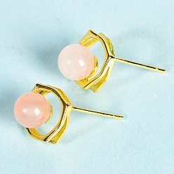 Rose Quartz Natural Rose Quartz Studs Earrings, Jewelry for Women, Golden, 9.8mm