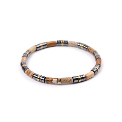 Пейзажный Джаспер Богемные браслеты из натуральной яшмы с рисунком и золотистого синтетического немагнитного гематита, эластичные, для женщин и мужчин., колонка и диск, 7.09 дюйм (18 см) ~ 7.48 дюйм (19 см)