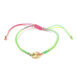 Colorful (Jewelry Parties Factory Sale)Adjustable Nylon Thread Braided Bead Bracelets, with Oval Alloy Links and Round Brass Beads, Golden, Colorful, Inner Diameter: 2-1/4~3-3/4 inch(5.7~9.5cm)