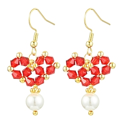 Красный Болтающие серьги из стекла, с бусинами из ракушечного жемчуга и 304 крючками для сережек из нержавеющей стали, сердце, красные, 42x20~22 мм