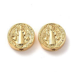 Real 18K Gold Plated Brass Beads, Long-Lasting Plated, Flat Round with Saint, Real 18K Gold Plated, 12x4mm, Hole: 1.8mm